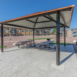 Pergolas and outdoor seating area at the Ascent Apartments, located in Colorado Springs, CO.