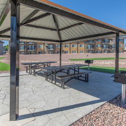 Pergolas and outdoor seating area at the Ascent Apartments, located in Colorado Springs, CO.