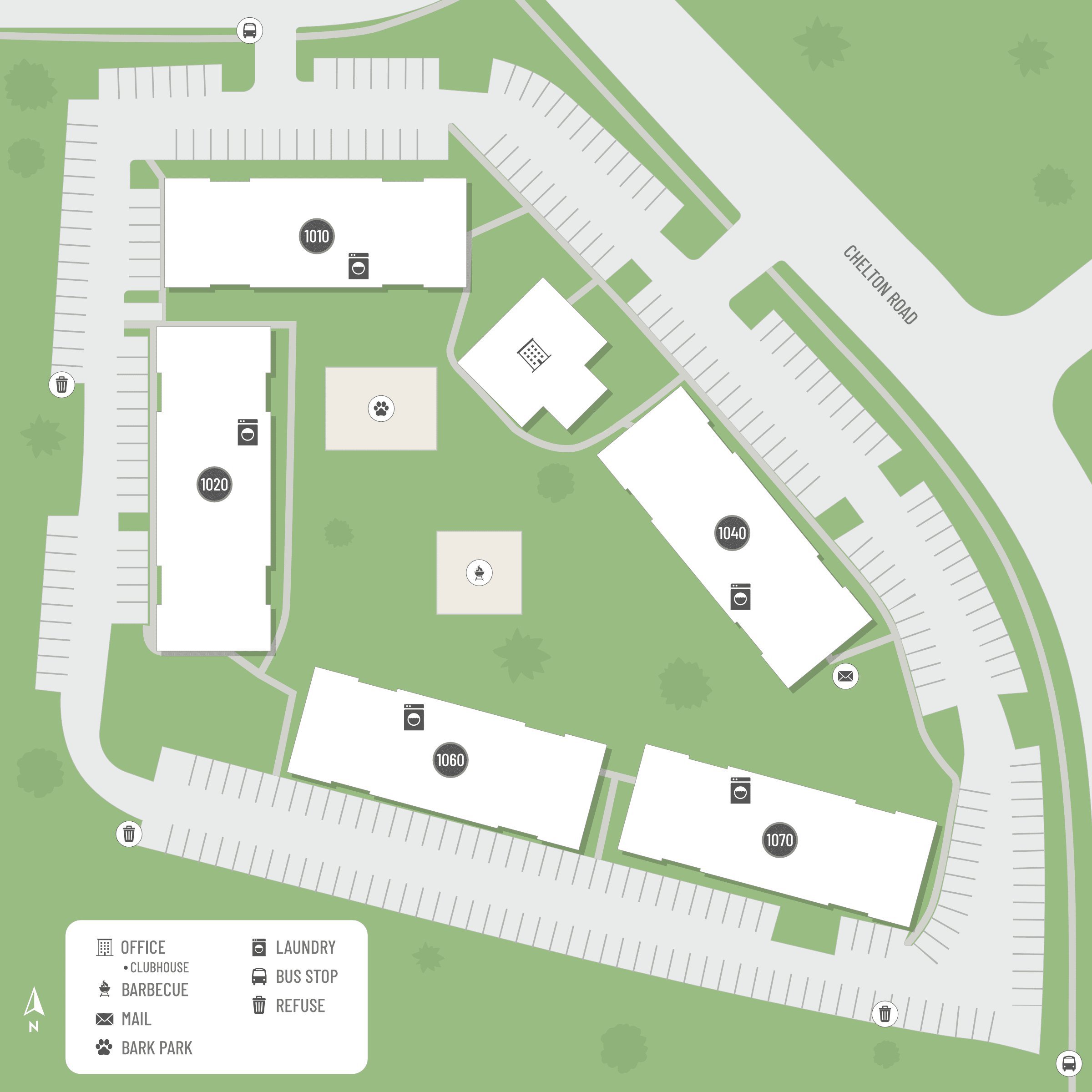 Site map highlighting the resident clubhouse, grill stations,  mail prots, dog park, and laundry facilities at Ascent Apartments in Colorado Springs, CO